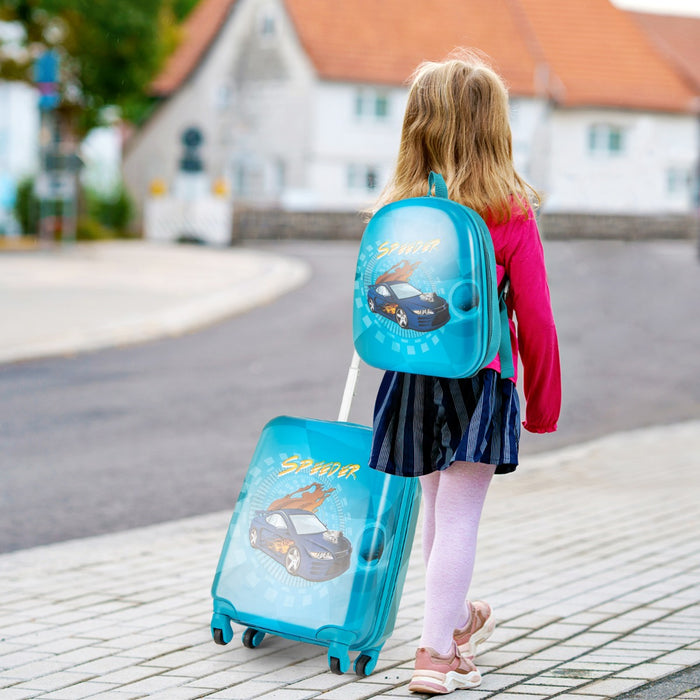 Set di 2 valigie per bambini con ruote con zaino con spallacci regolabili, Bagaglio da viaggio con motivi carini Blu Scuro-Bagagli e borse