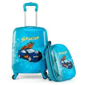Set di 2 valigie per bambini con ruote con zaino con spallacci regolabili, Bagaglio da viaggio con motivi carini Blu Scuro-Bagagli e borse