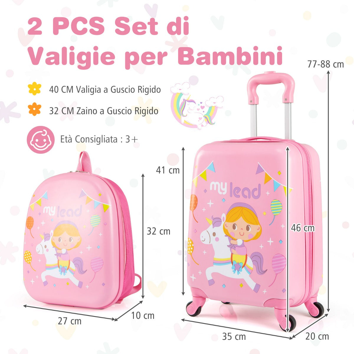 Set di 2 valigie per bambini con ruote con zaino con spallacci regolabili, Bagaglio da viaggio con motivi carini Rosa-Bagagli e borse