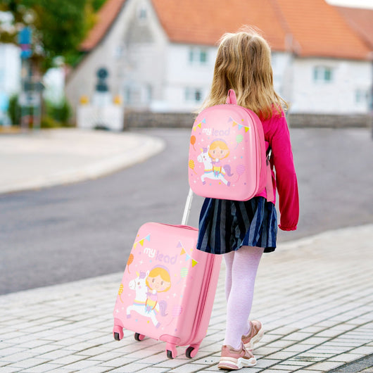 Set di 2 valigie per bambini con ruote con zaino con spallacci regolabili, Bagaglio da viaggio con motivi carini Rosa-Bagagli e borse
