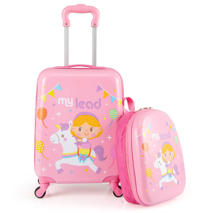 Set di 2 valigie per bambini con ruote con zaino con spallacci regolabili, Bagaglio da viaggio con motivi carini Rosa-Bagagli e borse