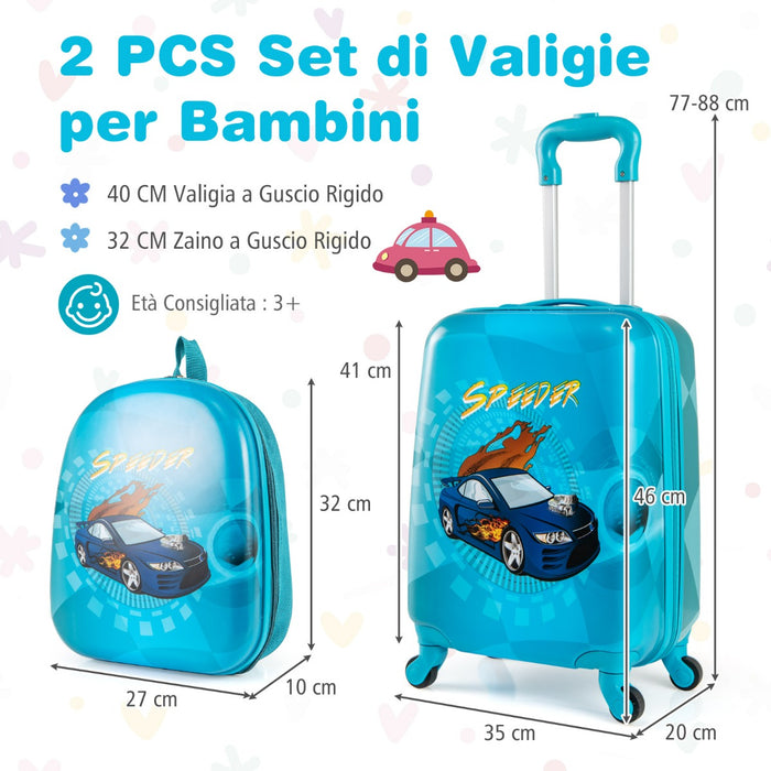 Set di 2 valigie per bambini con ruote con zaino con spallacci regolabili, Bagaglio da viaggio con motivi carini Blu Scuro-Bagagli e borse