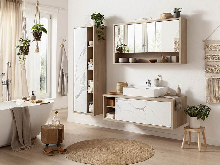 Mobili arredo bagno prezzi bassi, bagno in finitura Rovere e Marmo bianco, ZCMLADACOMP