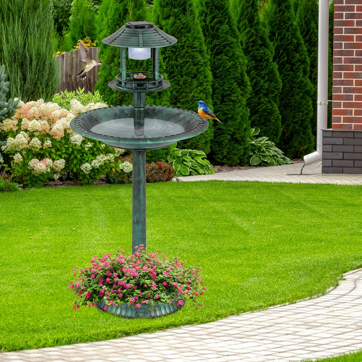 Bagno per uccelli con luce solare esterna, Mangiatoia per uccelli 3 in 1 con base per fioriera e lampada solare Bronzo-Altri animali