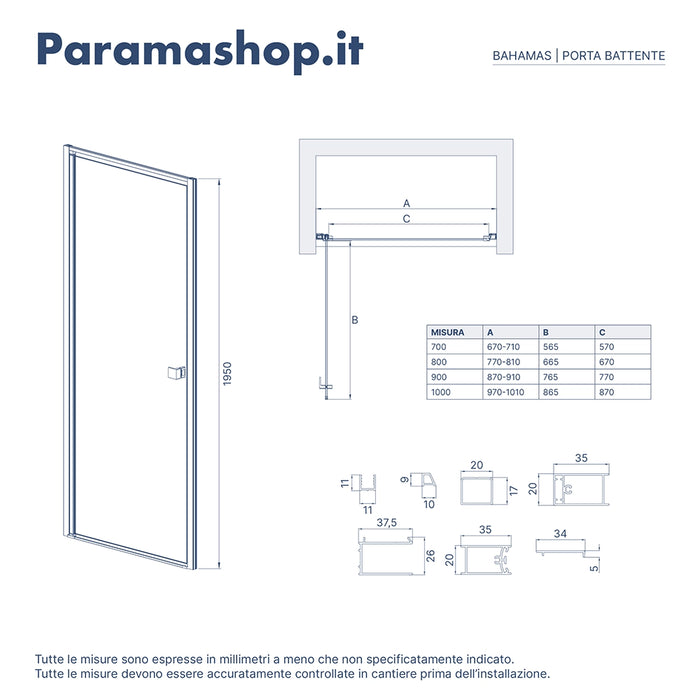 Porta doccia 100cm apertura a battente con profili nero opaco e vetro da 8mm trasparente h195 | Bahamas