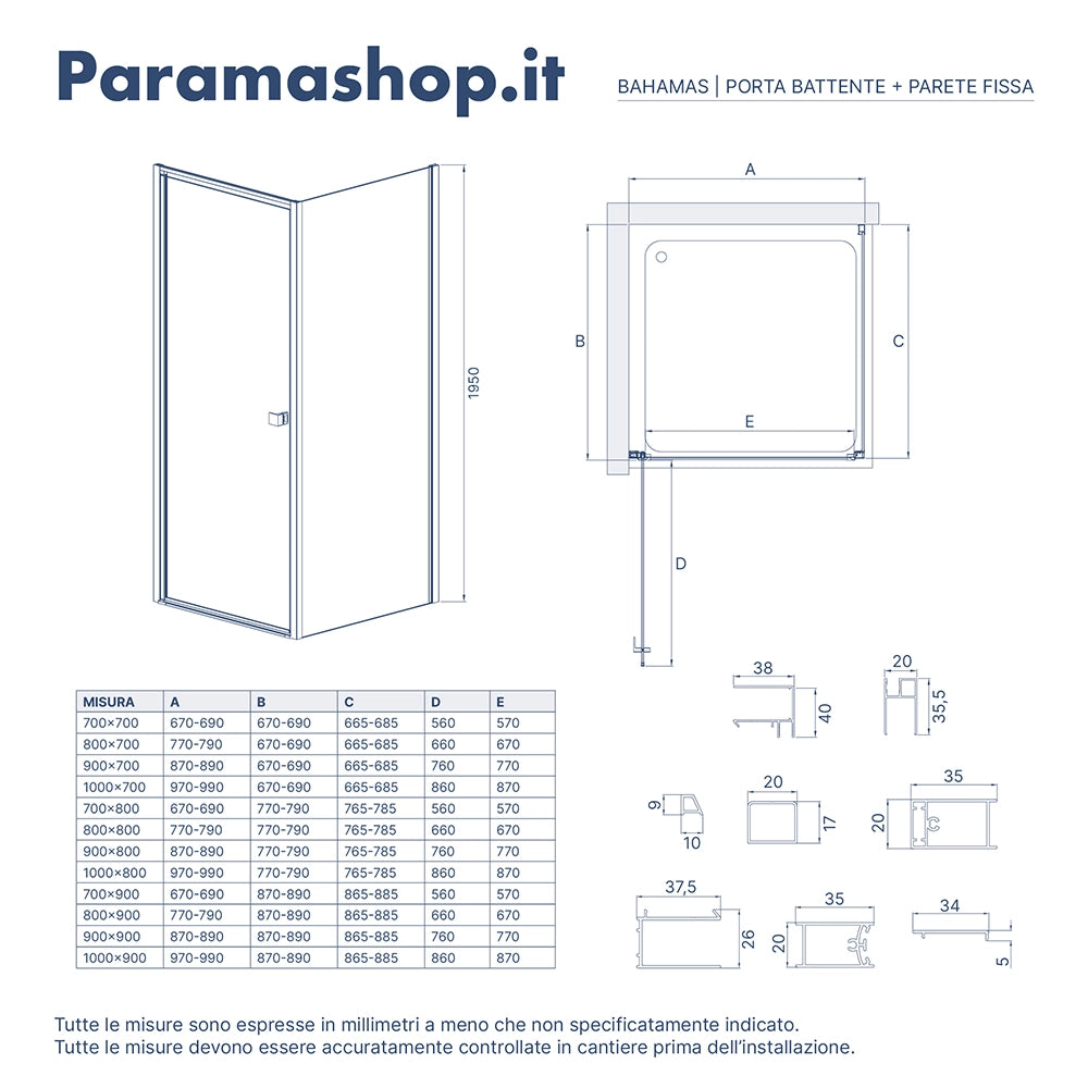 Box doccia 80x70 cm con apertura a battente e parete fissa, profili nero opaco e vetro da 8mm trasparente h195 | Bahamas