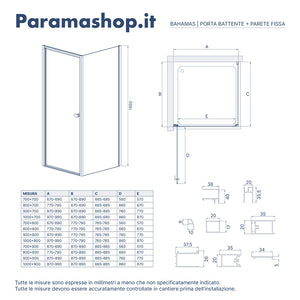 Box doccia 70x90 cm con apertura a battente e parete fissa, profili cromati e vetro da 8mm trasparente h195 | Bahamas