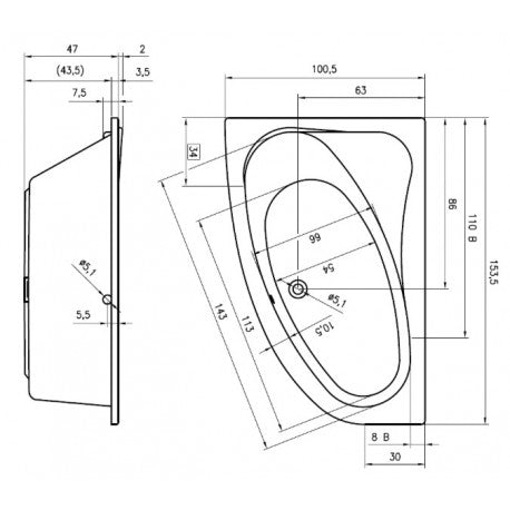 RIHO Vasca da bagno in acrilico con angolo destro ARYL 153x100 cm