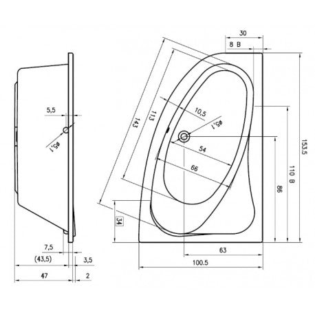 RIHO Vasca da bagno angolare sinistra in acrilico ARYL 153x100 cm