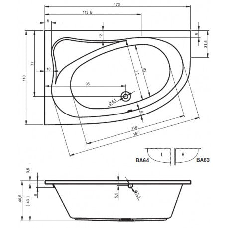 RIHO Vasca da bagno grande in acrilico con angolo destro ARYL 170x110 cm