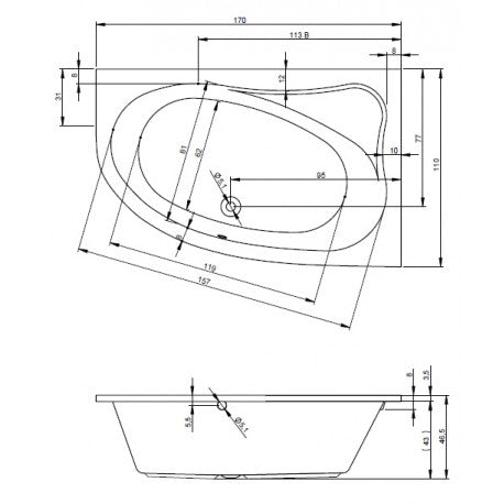 Grande vasca da bagno in acrilico RIHO con angolo sinistro ARYL 170x110 cm