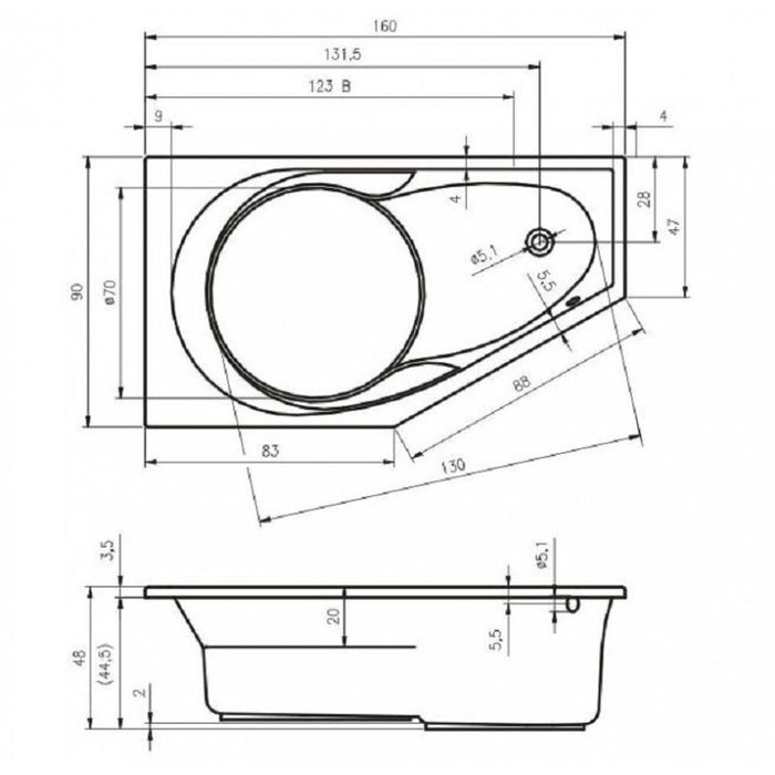 Vasca da bagno in acrilico RIHO con angolo destro YUKON 160x90 cm