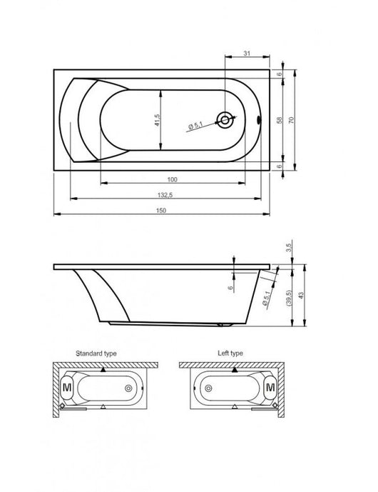 RIHO MIAMI vasca da bagno in acrilico 150x70 cm