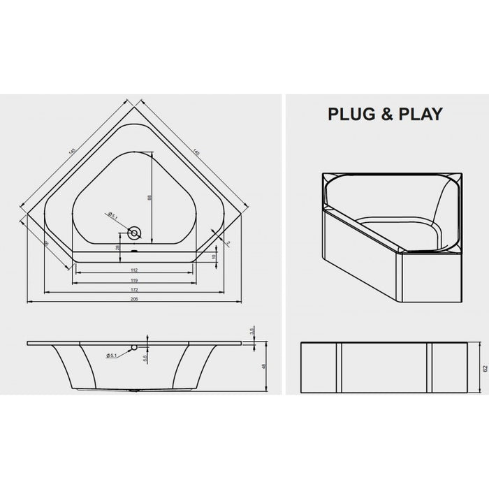 RIHO AUSTIN Vasca da bagno angolare in acrilico Plug&Play 145x145cm