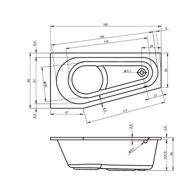 Vasca da bagno angolare sinistra in acrilico RIHO DELTA 160x80 cm