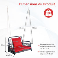 Poltrona sedia sospesa in rattan sintetico 2 corde sospese ganci struttura in metallo cuscini veranda giardino rosso 20_0008566