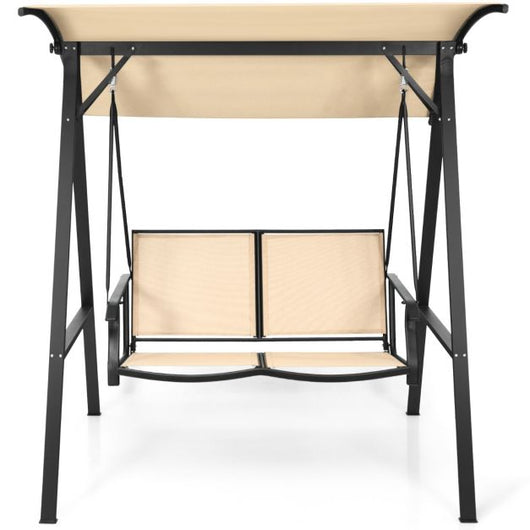 Altalena per portico con tettuccio regolabile Altalena da esterno per 2 persone Struttura in metallo e tettuccio Gancio a molla per carichi pesanti Beige 20_0007765
