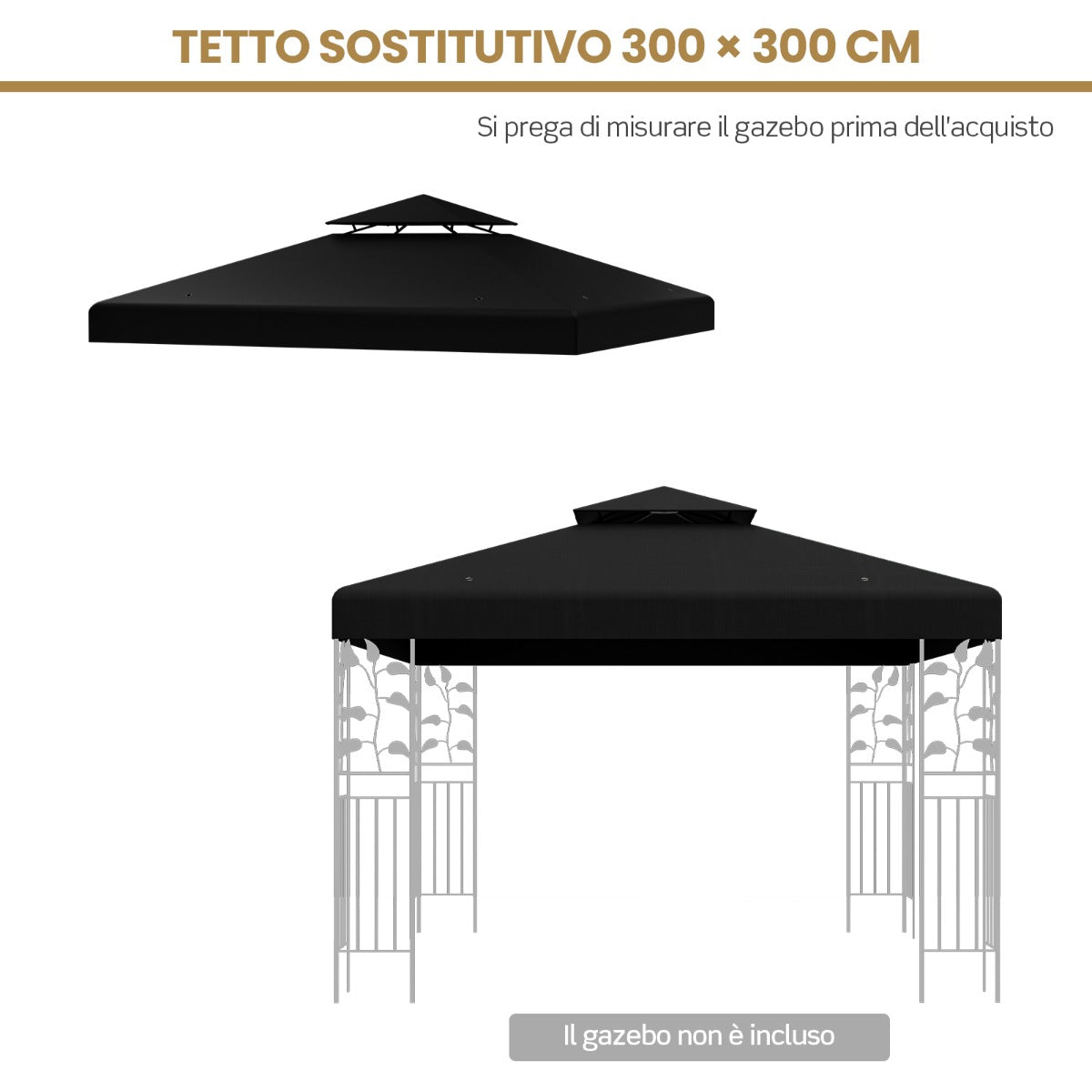 Copertura di ricambio per gazebo a 2 livelli da 300x300cm, Tettoia con fibbie in alluminio e chiusure a strappo Nero-Gazebo