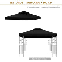 Copertura di ricambio per gazebo a 2 livelli da 300x300cm, Tettoia con fibbie in alluminio e chiusure a strappo Nero-Gazebo