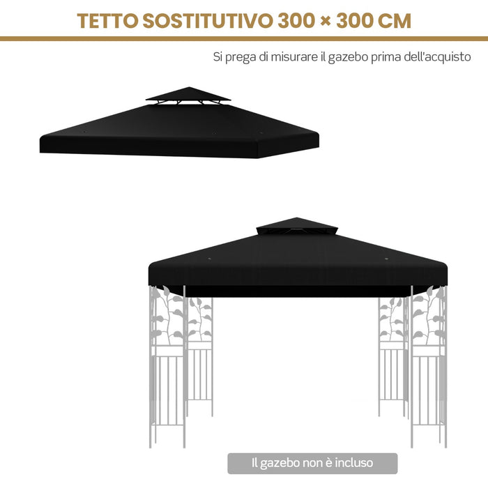 Copertura di ricambio per gazebo a 2 livelli da 300x300cm, Tettoia con fibbie in alluminio e chiusure a strappo Nero-Gazebo