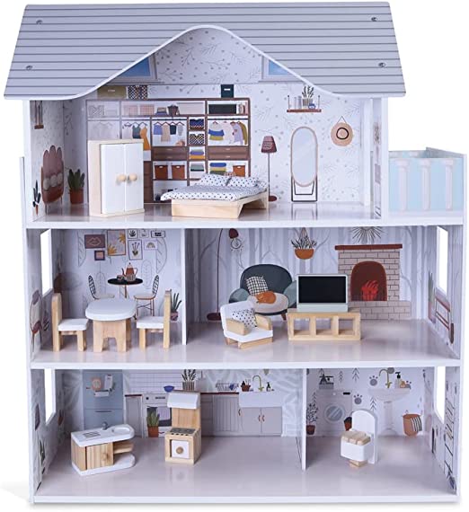 Casa Delle Bambole In Legno Casa delle bambole di legno Con Accessori mobili Piani Inclusi 2-6 anni Gioco Fai Te Dollho