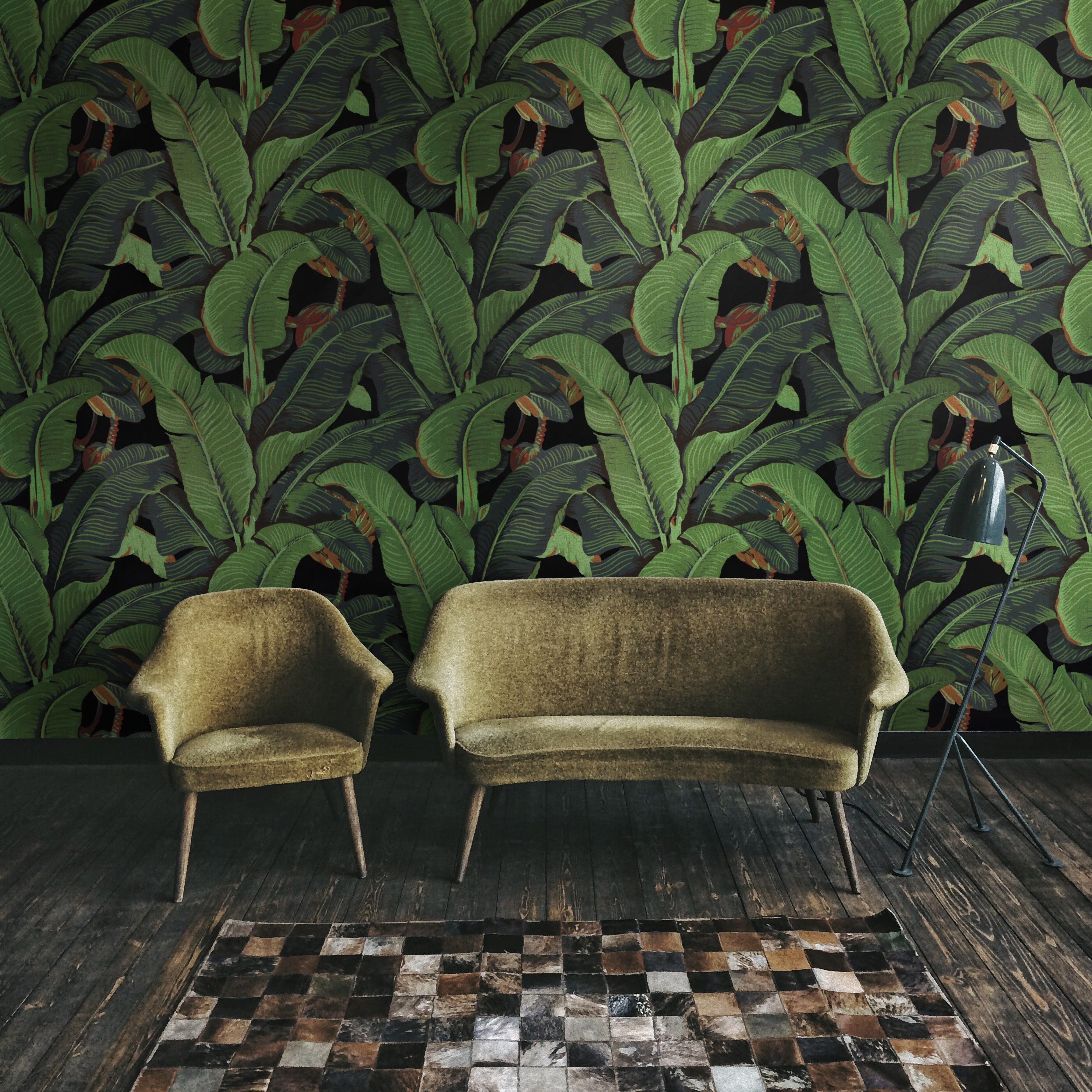 Carta da Parati Foglie di Banano Nera Carta Vegana 250x200cm 5,5mq 