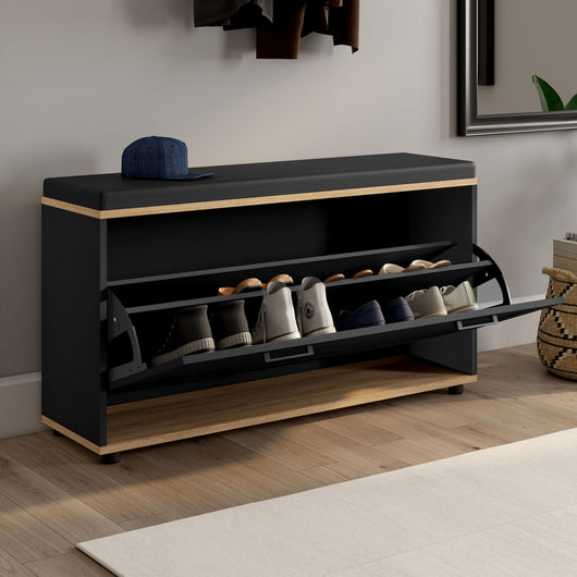 IDMarket - Banco de entrada VITO con cojín y zapatero, negro 100 cm