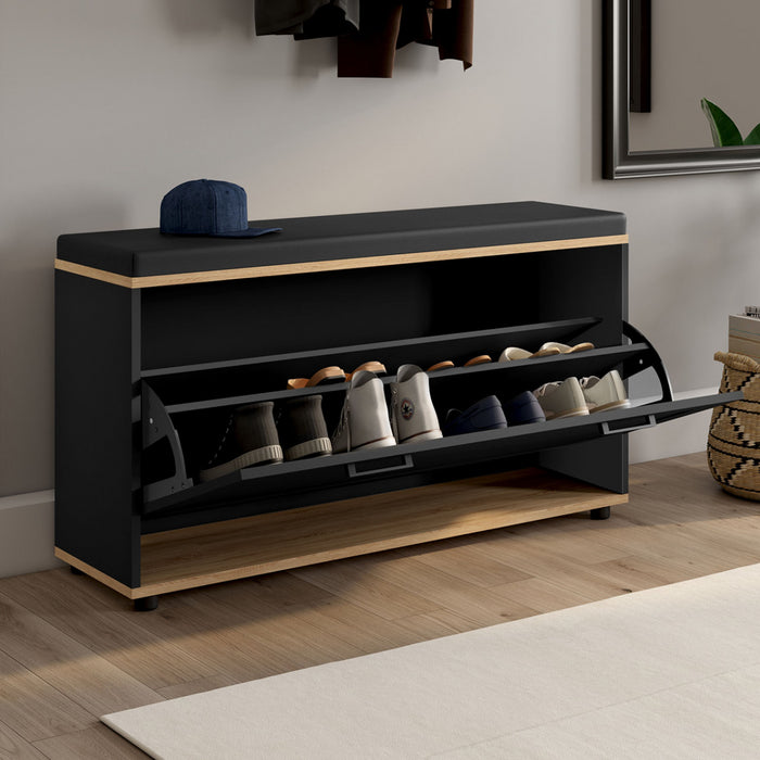 IDMarket - Banco de entrada VITO con cojín y zapatero, negro 100 cm