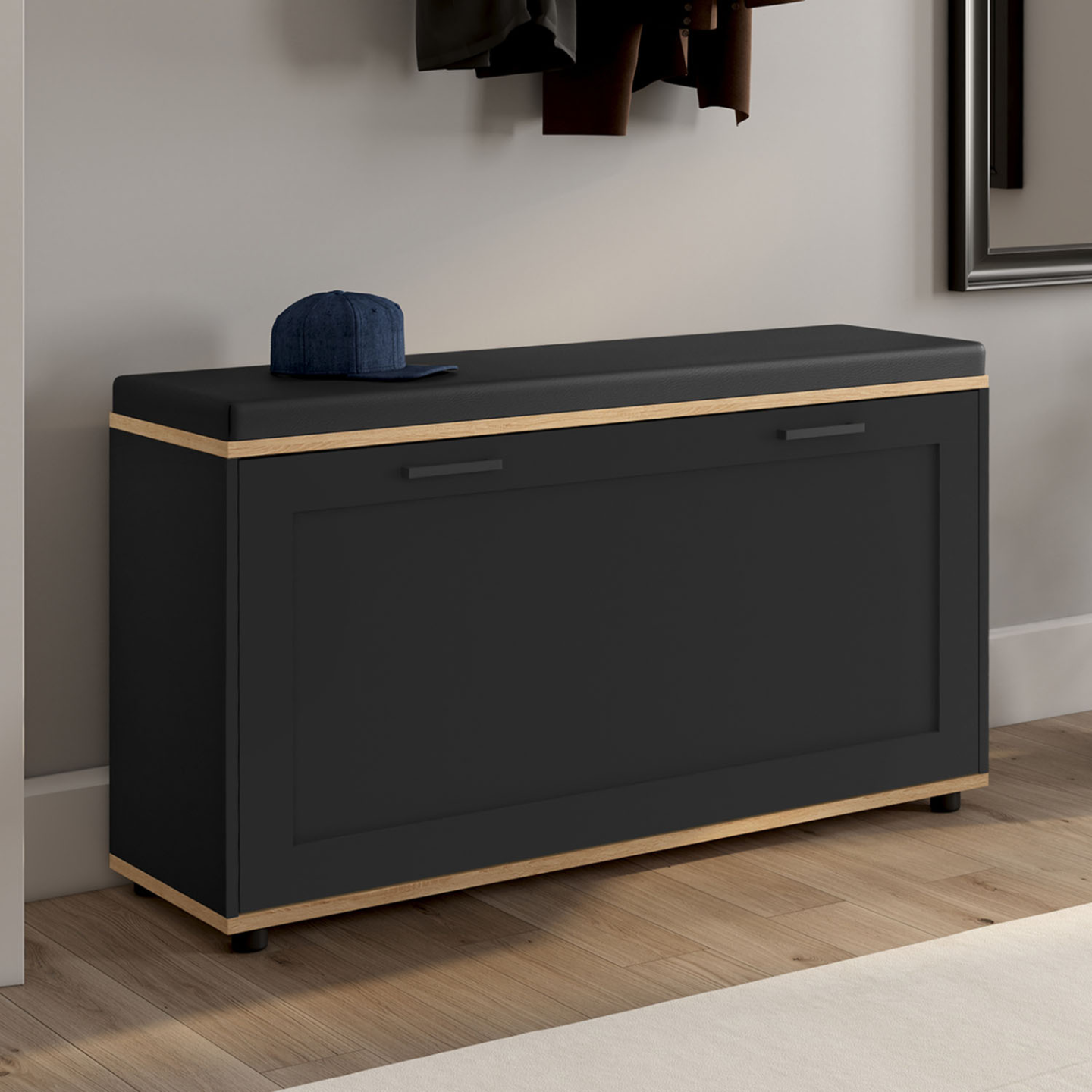 IDMarket - Banco de entrada VITO con cojín y zapatero, negro 100 cm