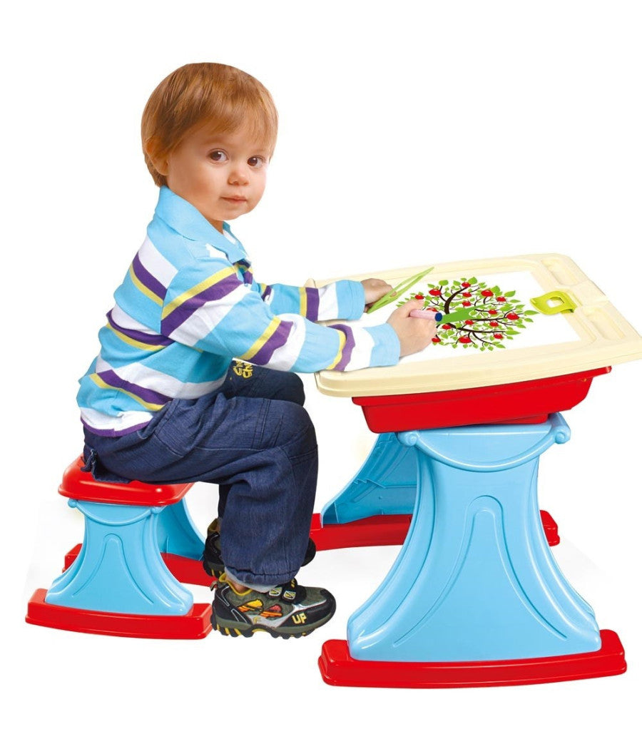 Banco Scuola Scrivania Celeste + Sedia Piano Ribaltabile Con Vano Porta Oggetti         