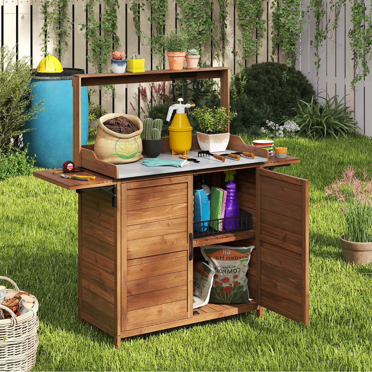 Banco da giardinaggio da esterno con piano in metallo placcato in legno con armadietto, Banco ripiano regolabile-Scaffali per piante