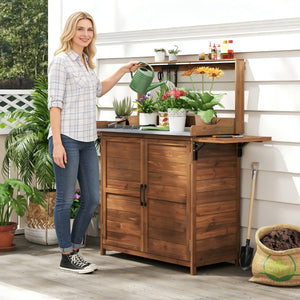 Banco da giardinaggio da esterno con piano in metallo placcato in legno con armadietto, Banco ripiano regolabile-Scaffali per piante