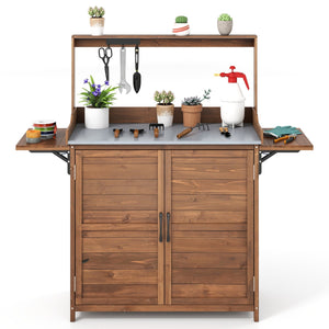 Banco da giardinaggio da esterno con piano in metallo placcato in legno con armadietto, Banco ripiano regolabile-Scaffali per piante