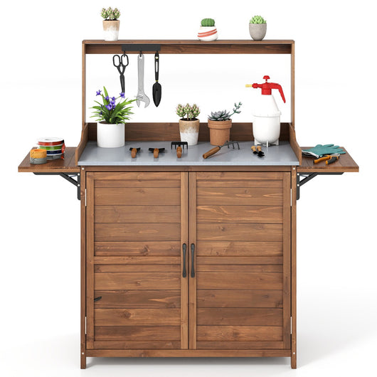 Banco da giardinaggio da esterno con piano in metallo placcato in legno con armadietto, Banco ripiano regolabile-Scaffali per piante