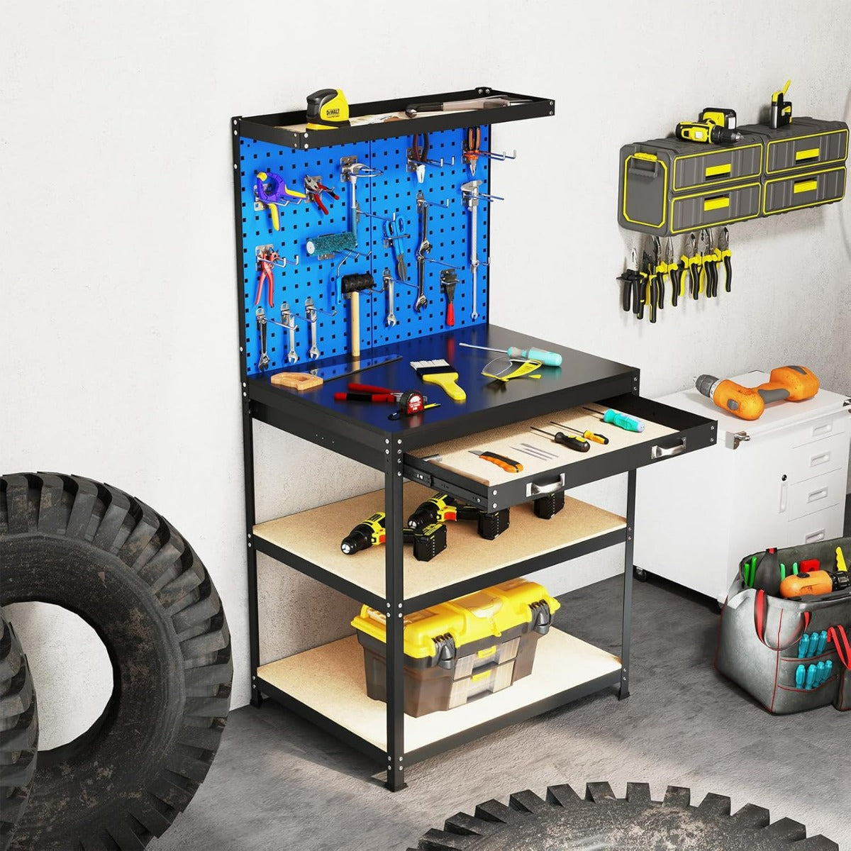 Banco da lavoro con 2 pegboard e cassetto e mensole, Stazione di lavoro in metallo per casa e garage e officina Blu Navy-Tavoli da lavoro