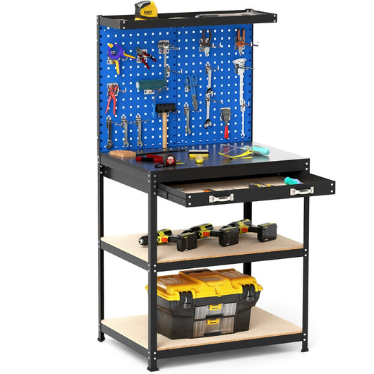 Banco da lavoro con 2 pegboard e cassetto e mensole, Stazione di lavoro in metallo per casa e garage e officina Blu Navy-Tavoli da lavoro