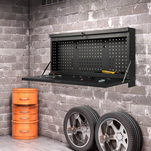 Banco da lavoro pieghevole a parete con pannello portautensili, Organizzatore 2in1 con pannello portautensili Nero-Tavoli da lavoro