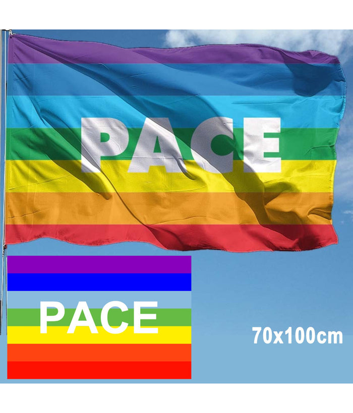Bandiera Della Pace 70x100cm Arcobaleno Con Asola Laterale Da Bastone In Tessuto         