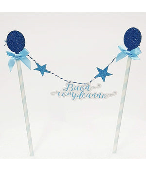 Bandierine Cannucce Torta 2 Pezzi Azzurro Buon Compleanno Decorazione Festa         