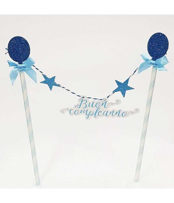 Bandierine Cannucce Torta 2 Pezzi Azzurro Buon Compleanno Decorazione Festa         