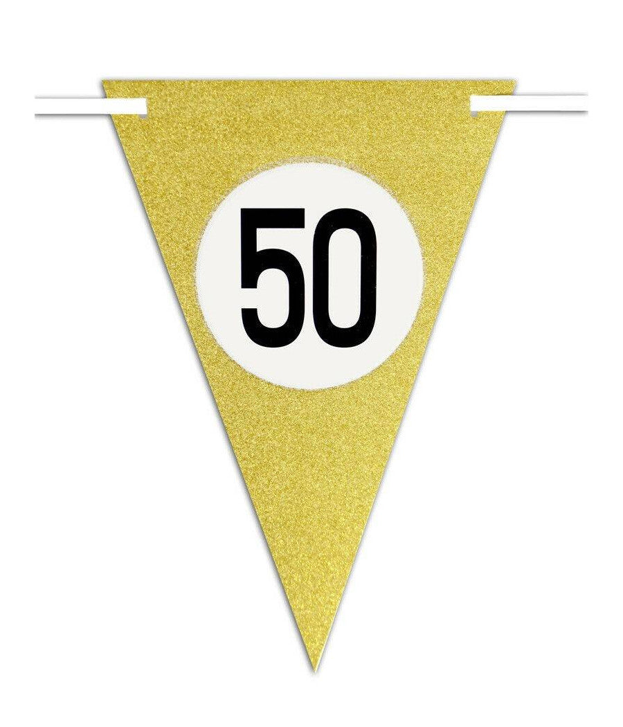 Bandierine Festa Compleanno Anniversari Set 10pz Triangolari Festone Oro 50 Anni         