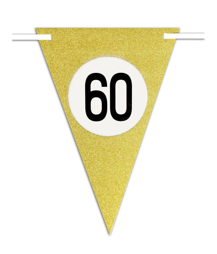 Bandierine Festa Compleanno Anniversari Set 10pz Triangolari Festone Oro 60 Anni         