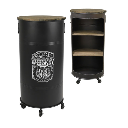 Bar mobile aperto con ruote in stile industriale collezione OLD GLORY. Diametro 50 cm, altezza 100 cm.