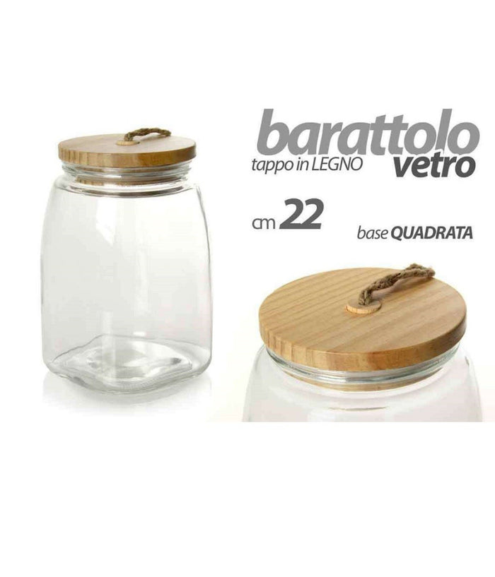 Barattolo 22cm In Vetro Tappo In Legno Ermetico Contenitore Base Quadrata 728358         