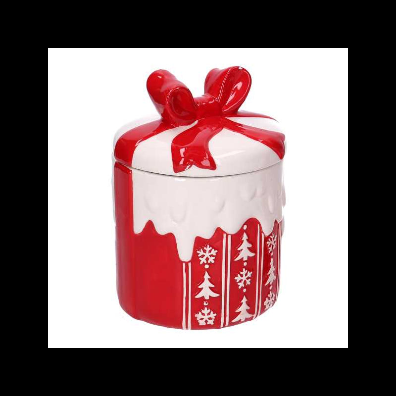 Barattolo ceramica pacco regalo decori bianchi tondo cm ø13,5h18,5
