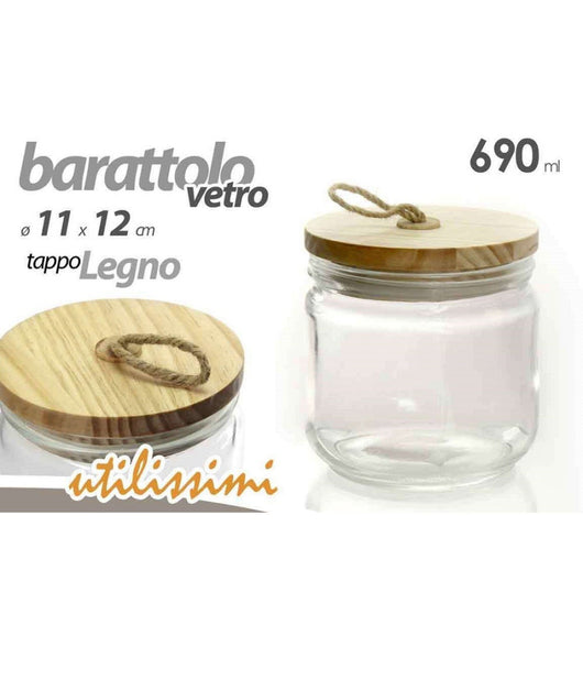 Barattolo Ermetico Tappo Legno In Vetro Contenitore Cucina 690 Ml 11x12cm 731068         