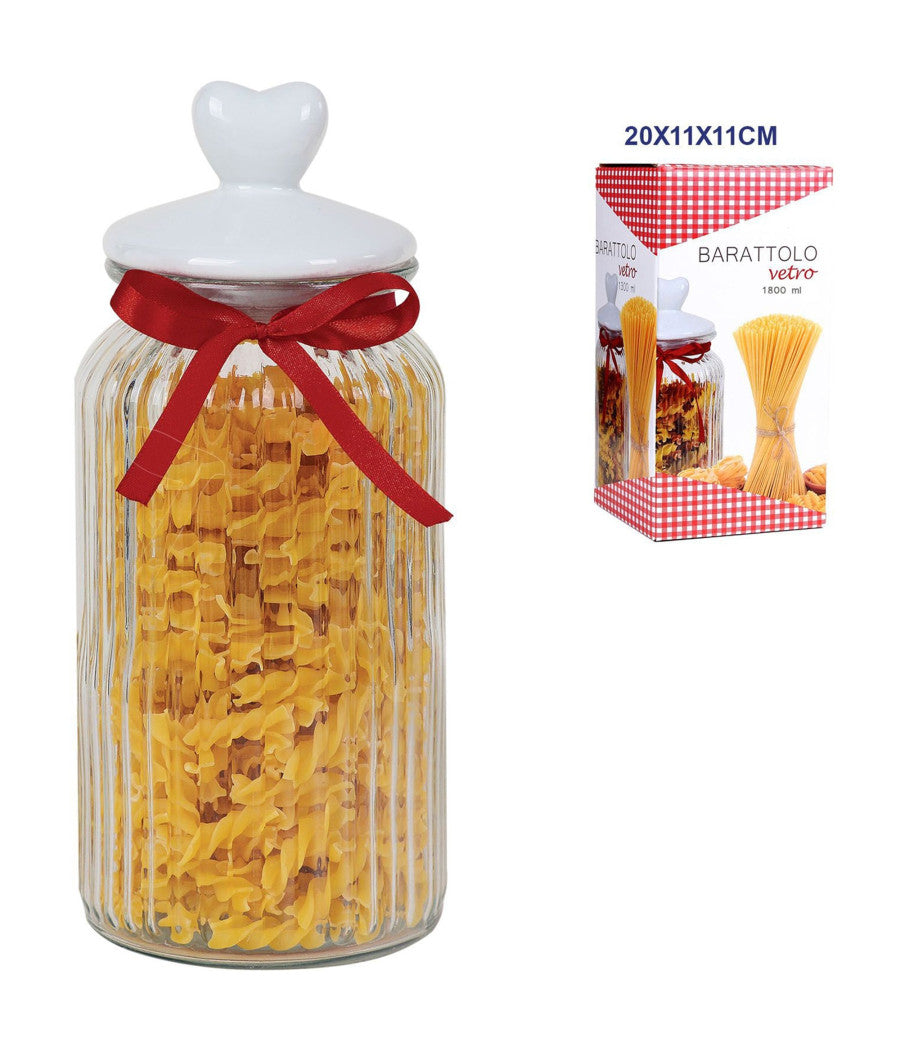 Barattolo In Vetro Con Tappo Coperchio In Ceramica Decorato Cuore 1800 Ml         