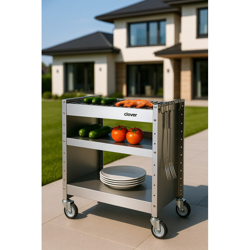Barbecue a carbone con ruote, Struttura e Griglia in Acciaio Inox, 59 x 40,50 x 82 cm. CLOVER