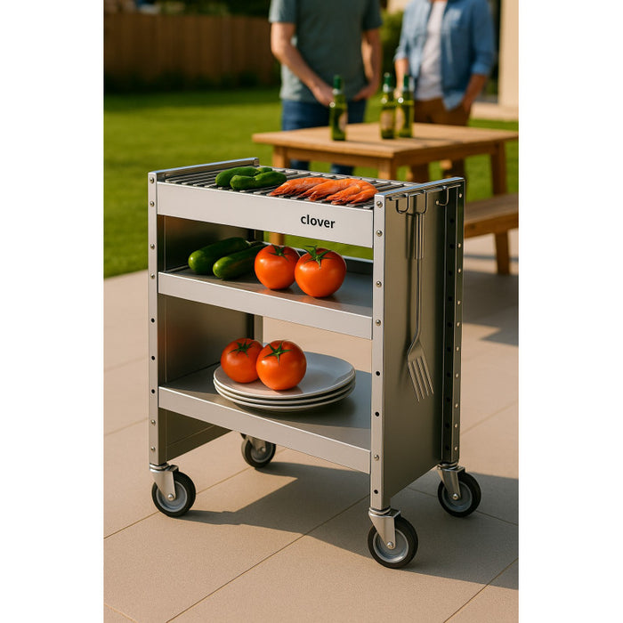 Barbecue a carbone con ruote, Struttura e Griglia in Acciaio Inox, 59 x 40,50 x 82 cm. CLOVER