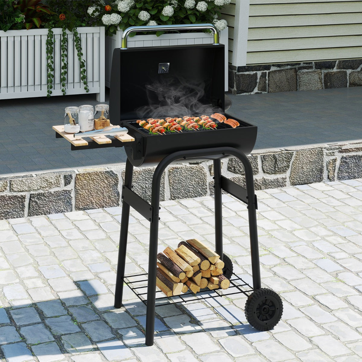 Barbecue a carbone a botte portatile da esterno tavolo pieghevole laterale, Barbecue a carbone campeggio picnic Nero-Accessori per barbecue